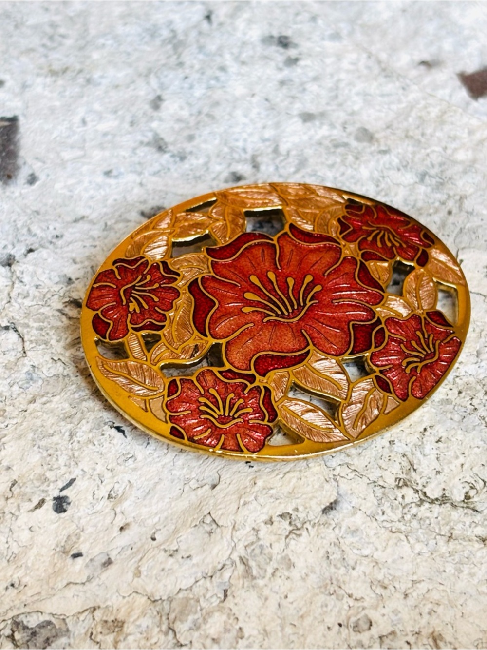 Vintage Cloisonné Gold-Tone Floral Enamel Brooch with Red Flowers